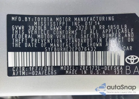 2014 Toyota Corolla S Plus z USA, uszkodzony, nr VIN 5YFBURHE2EP076432